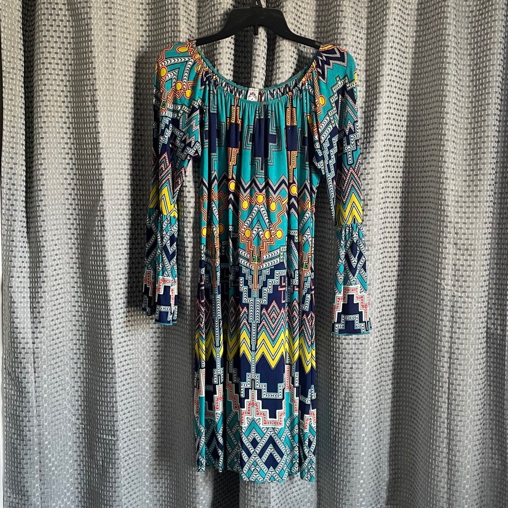 Aztec stretch dress with Bell Sleeves at elbow
